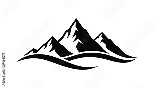 Stylized black and white mountain range vector logo with curved lines representing hills, rivers, or glaciers.