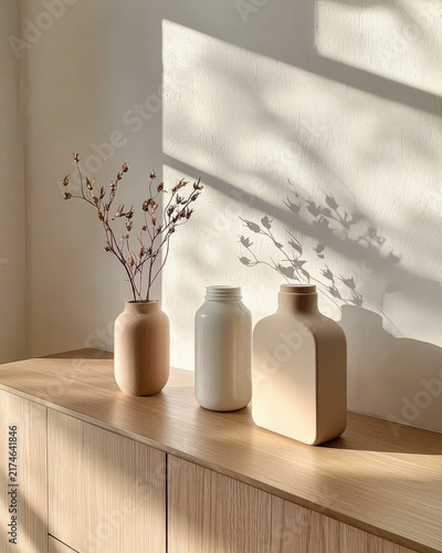 Minimal kitchen ceramic vase glass bottle dried flower sunlight shadow wooden cabinet beige decor minimalist vessel and soft natural light create