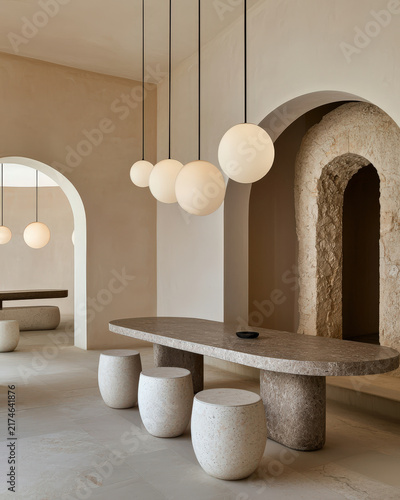 Interior arch pendant table stool beige stone minimalist dining room with warm neutral decor and organic modern style