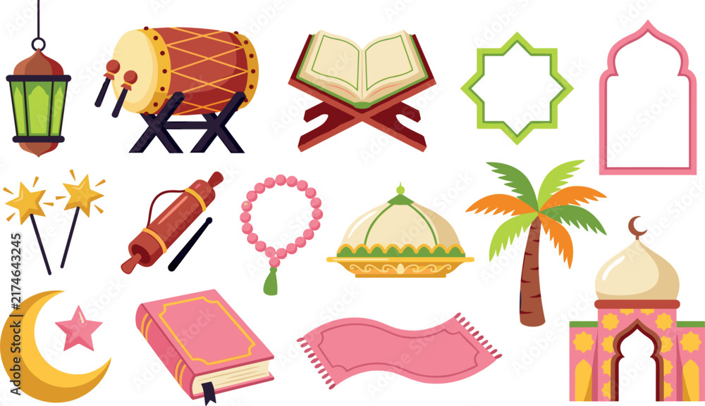 Fototapeta premium Islamic Ramadan Kareem and Eid Mubarak Holiday Vector Icon Set with Quran, Mosque, Crescent Moon, Lantern, Bedug Drum, and Prayer Rug for Muslim Cultural Celebrations,