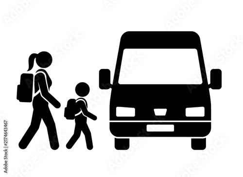 School bus transportation icon, student and parent walking to van, black silhouette vector of children commuting to school