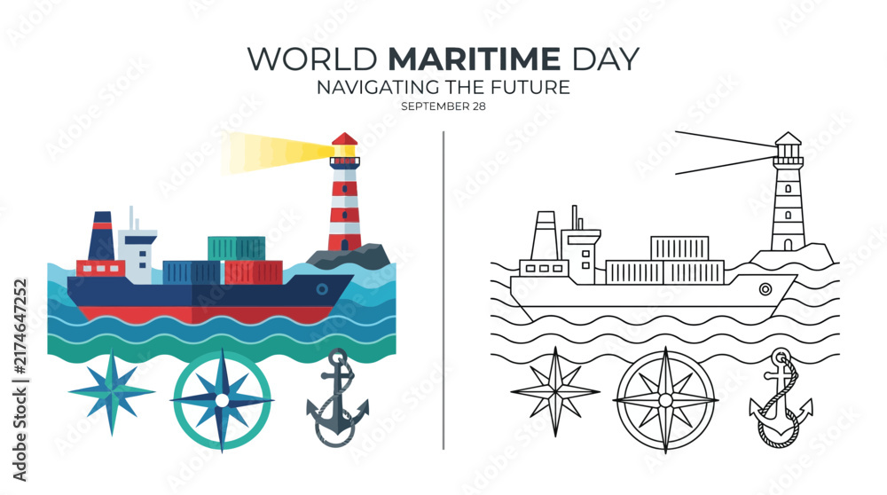 Fototapeta premium World Maritime Day Illustration: Cargo Ship, Lighthouse, Compass, Anchor