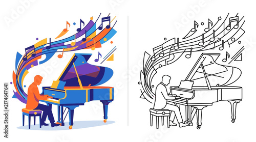 Canvas Print Musician Playing Grand Piano with Colorful Musical Notes Swirling