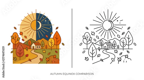 Bild auf Leinwand Autumn Equinox Day Night Landscape with Sun Moon and Falling Leaves