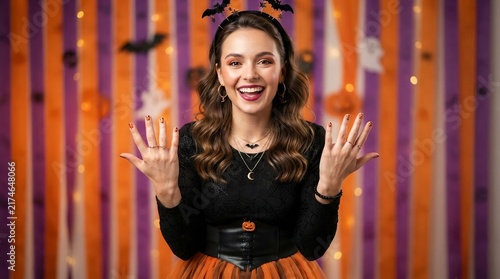 Happy Young Woman in Halloween Costume Showing Festive Nail Art on Orange and Purple Background