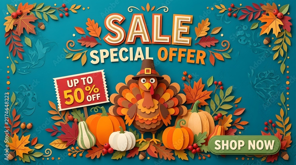 Naklejka premium Thanksgiving sale special offer banner with paper craft style turkey, pumpkins, and autumn leaves on a teal background