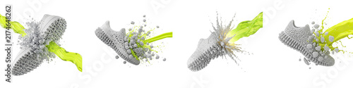 Set of 3D sneakers with vibrant liquid splash energy on black background