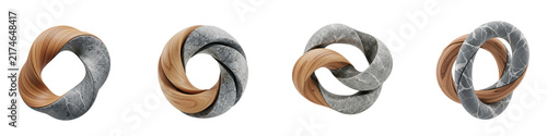 Set of abstract 3D torus shapes made from marble and wood textures