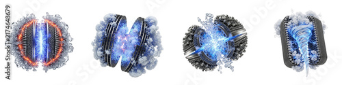 Set of abstract futuristic energy cores with plasma sparks and water splash