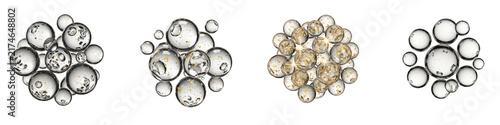Set of abstract transparent spheres with gold particles on black background