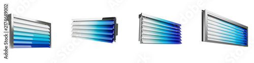 Set of blue gradient metallic ventilation louvers isolated on black background