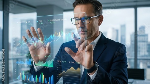 Businessman with glasses using multi-layered holographic data screens.