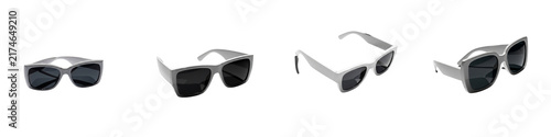 Modern white sunglasses set shown in various angles on black background