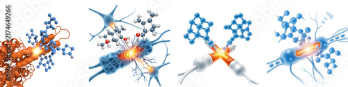 Molecular biological interaction of proteins and neurons on black background