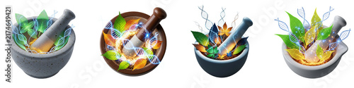 Mortar and pestle sets with glowing dna strands and medicinal leaves