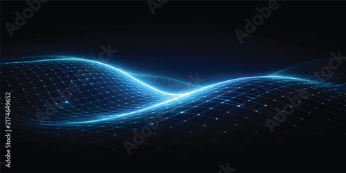 Futuristic Digital Data Grid Wave Background with Glowing Blue Mesh and Cyber Network Nodes