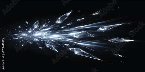 Futuristic Abstract Crystal Burst Background with Flying Glass Shards and Glowing Light Rays