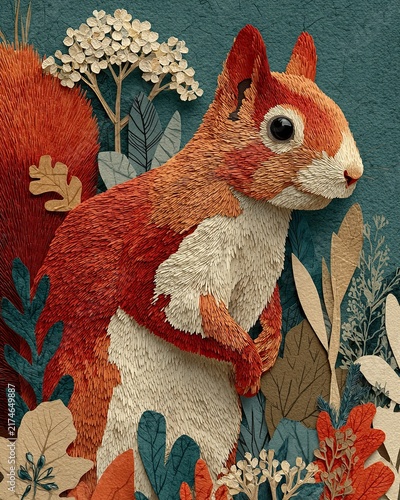 Red squirrel portrait in a whimsical paper craft style with autumn forest elements.