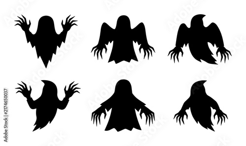 фотографія Spooky Ghost Silhouettes, Halloween Icons, Scary Apparition Vector Set, Eerie Sp