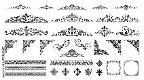 Vintage ornamental dividers and corners set, black filigree floral borders, elegant victorian decorative elements for wedding invitations