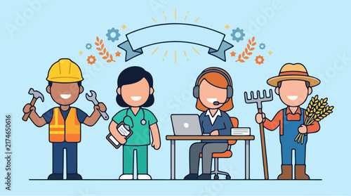 Labor day vector illustration featuring diverse workers