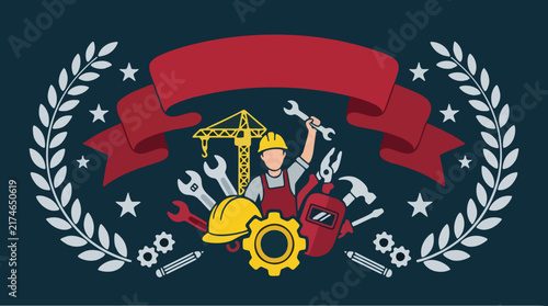 Labor Day banner design with worker holding wrench, construction tools, crane, red ribbon, white laurel wreath, and stars on blue background vector illustration.