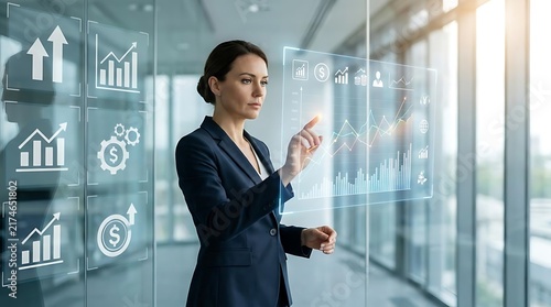 Businesswoman interacting with digital icons in bright office.