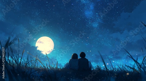 Couple Sitting Under Starry Night Sky With Full Moon – Romantic Silhouette Concept Of Love And Companionship