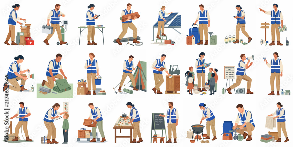 Fototapeta premium Comprehensive set of humanitarian aid worker illustrations performing various relief tasks like distributing supplies, providing medical care, and teaching children.