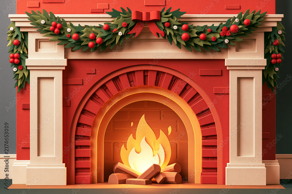 Fototapeta premium Cozy Christmas Fireplace with Festive Garland Illustration