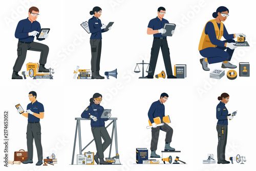 Collection of customs and border protection officers performing various inspection tasks, using technology, and professional equipment, isolated vector illustration.
