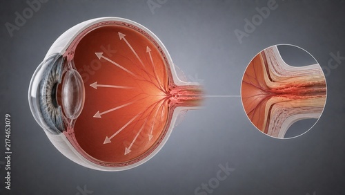 3D Medical Illustration of Human Eye Anatomy Showing Optic Nerve Detail and Intraocular Pressure Glaucoma Diagram