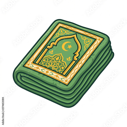 Folded green Islamic prayer mat vector illustration with mihrab pattern for Ramadan Kareem and Eid Mubarak concept isolated on white background. 