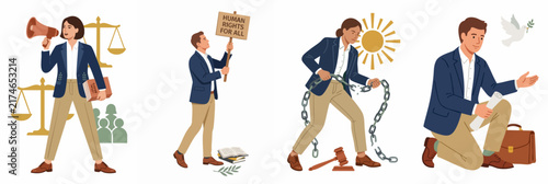 Set of flat vector illustrations depicting people advocating for human rights, social justice, legal reform, and global peace through activism and protest.