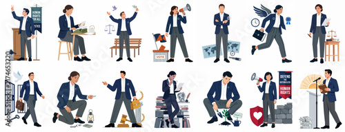 Set of Diverse Professional Characters and Symbolic Law, Justice, and Business Concepts Flat Vector Illustrations on a White Background