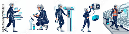 Collection of futuristic maintenance workers in blue suits performing technical tasks, repairs, and inspections in a high-tech aerospace environment.