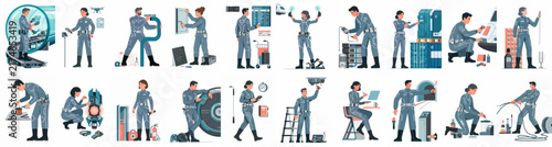 A diverse collection of technical professionals and industrial workers operating modern machinery, drones, and digital tools in a futuristic workplace setting.