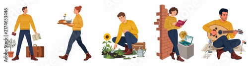 Collection of diverse characters engaged in various lifestyle hobbies including gardening, travel, music, reading, and cooking, isolated on a white background.