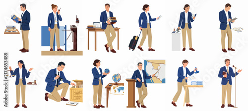 Set of Customs Officers and Border Control Professionals Illustrating Various Inspection, Logistics, and Legal Roles in an International Trade Context