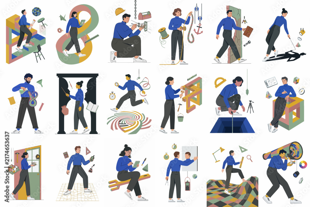 Fototapeta premium Set of diverse vector illustrations showing people engaged in conceptual activities like problem-solving, exploring, creative thinking, and overcoming various challenges.