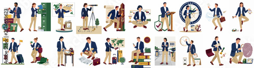 Large Set of Flat Business Professional Illustrations Depicting Various Work Tasks, Strategies, Planning, and Growth Scenarios in an Office Environment.