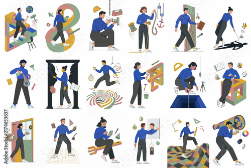 Set of diverse vector illustrations showing people engaged in conceptual activities like problem-solving, exploring, creative thinking, and overcoming various challenges.