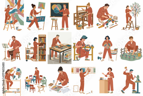 Illustrations of diverse characters in orange uniforms performing various tasks including art, gardening, teaching, activism, and manual crafts in a cohesive set.