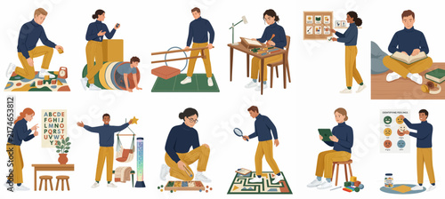 Collection of vector illustrations showing diverse individuals engaged in sensory play, occupational therapy, and inclusive educational activities for children and adults.