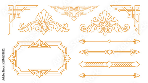 Art deco golden corner borders and elegant frames set for vintage invitation decorations.