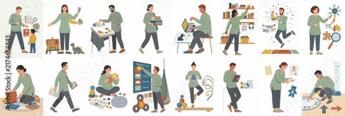 Comprehensive set of flat vector illustrations depicting people engaged in diverse daily activities, parenting, playing with toys, and managing household chores.