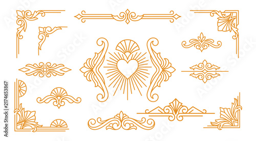 Retro art deco borders and radial heart line art dividers pack for elegant book covers.