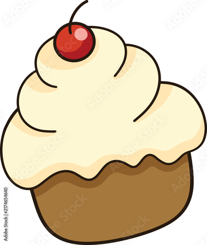 Cute hand drawn cupcake with cream and cherry cartoon minimalist sweet dessert illustration