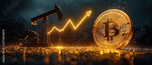 Fototapeta kuchenna large golden digital coin beside an oil pump jack with a glowing upward trend line, shimmering reflections and dramatic dark sky conveying surging optimism and speculative energy
