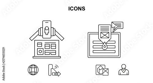 Minimalist line icons of home security and technology devices.